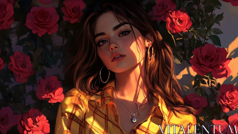 Golden hour portrait glows gently among deep red roses