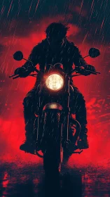 Silhouetted motorcyclist rides through rain against red sky