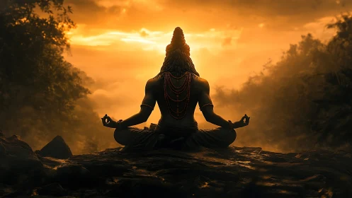 Golden dawn meditation with serene mountain sage.