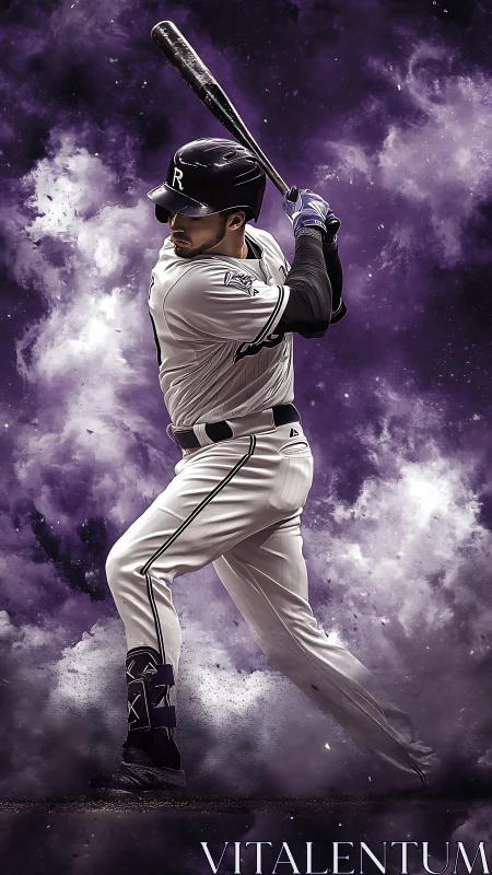 Photorealistic baseball slugger amid dynamic purple vapor field.