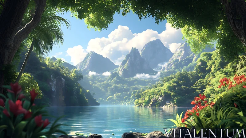 Rendered tropical lake scene shows forested peaks and clouds