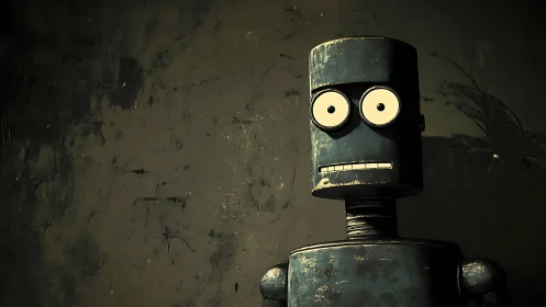 Rustic cylindrical robot against worn textured wall background.