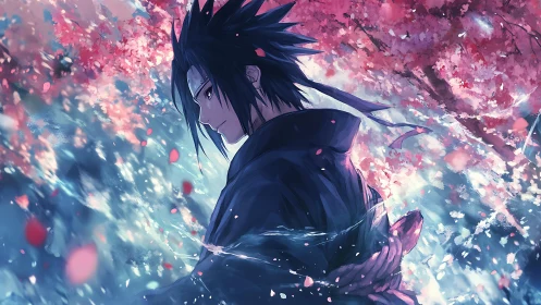 Side-lit anime swordsman under dynamic cherry blossom motion