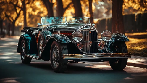 Vintage roadster rendered in warm golden-hour photorealistic detail