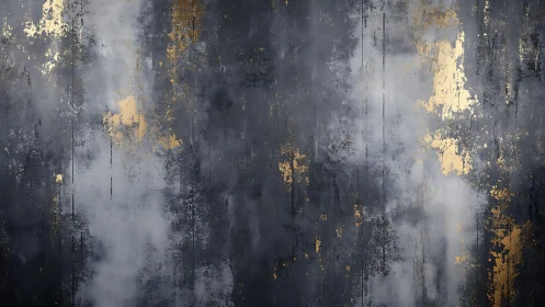 Abstract dark gray and gold textured wall art with metallic accents.