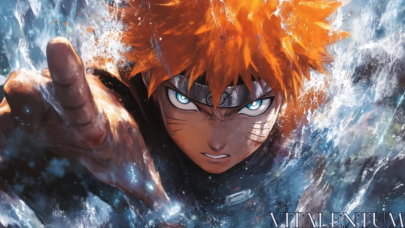 Determined orange haired ninja lunging through splashing water.