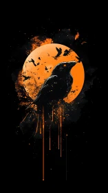 High-contrast raven silhouette against splattered lunar disc rendered