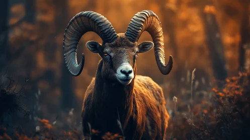 Proud forest ram stands calmly in warm golden twilight glow