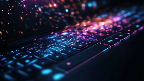 Glowing laptop keyboard pulses with neon digital stardust