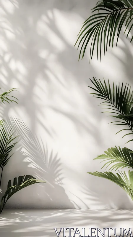 Soft sunlight and palm leaf shadows on a quiet white wall.