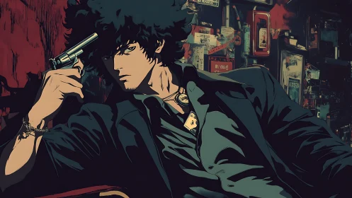 Noir lounge gunslinger in cel-shaded anime bar interior