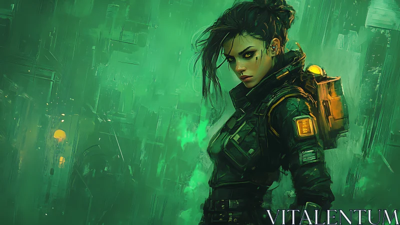 Cybernetic scout in luminous green particulate haze.