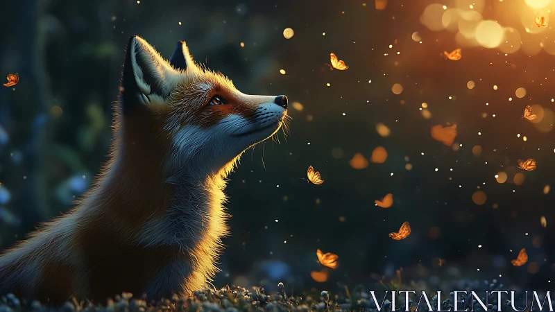 Fox in golden bokeh observing luminous butterflies at dusk