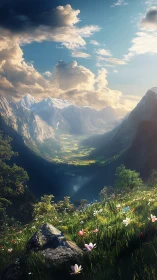 Sunlit alpine valley rendered in high-depth digital landscape