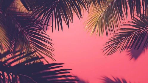 Palm fronds silhouetted against uniform pink gradient sky.