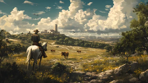 Rider on white horse surveying fortified mesa under cumulus sky.