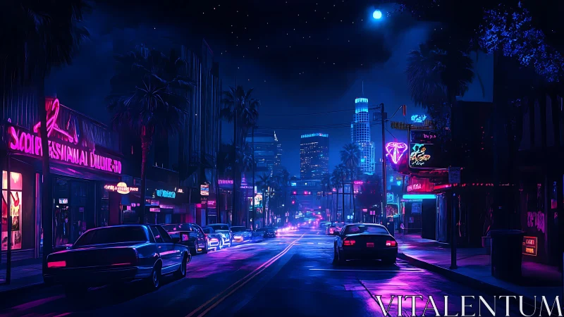 Neon midnight boulevard under starlit city skies.