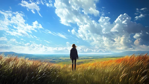 Person standing in tall grass overlooking wide rural valley.