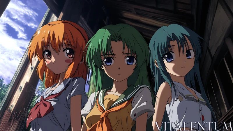 Low-angle triadic anime schoolgirls under wooden eaves