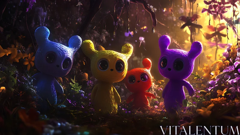 Colorful glowing creatures explore a dreamlike forest realm.