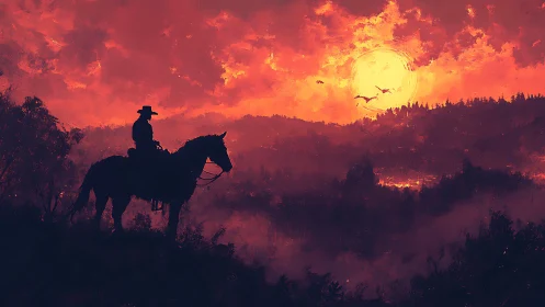 Lone rider surveys a blazing crimson sunset horizon.