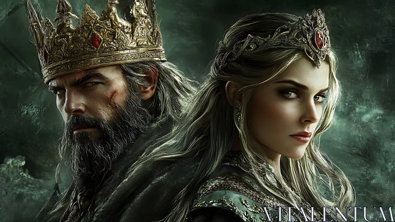 Regal warrior king and queen in dark fantasy portrait.