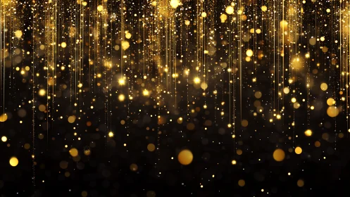 Golden light streaks and bokeh particles fall on dark background