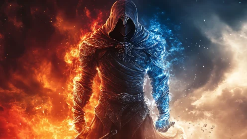 Hooded armored figure divides fire and ice energy fields