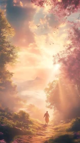 Solitary figure walking toward sunset-lit mountain path.