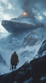 Cloaked wanderer faces burning starship in icy canyon