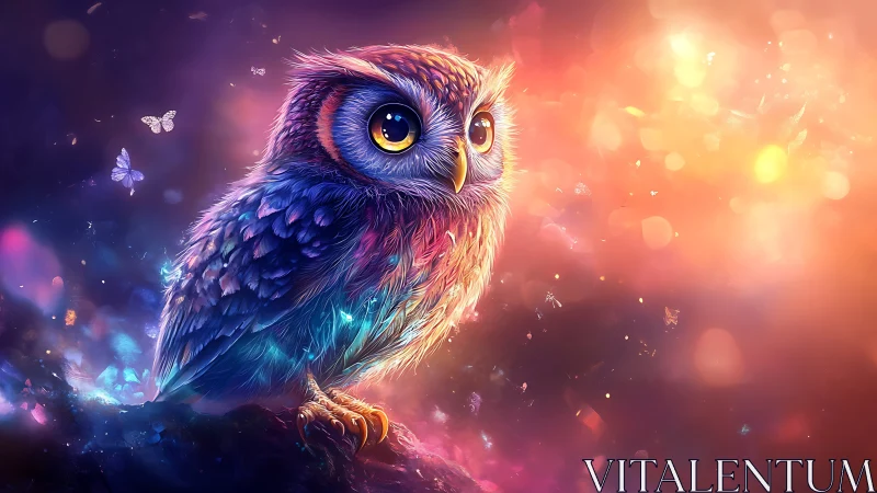 Vibrant fantasy owl illustration with glowing colors and dreamy light.