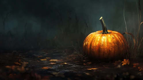 Golden pumpkin resting quietly on a misty forest path.