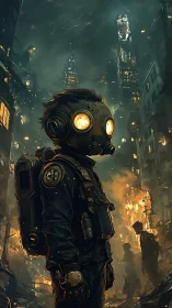 Figure in gas mask within burning high-rise ruins at night.