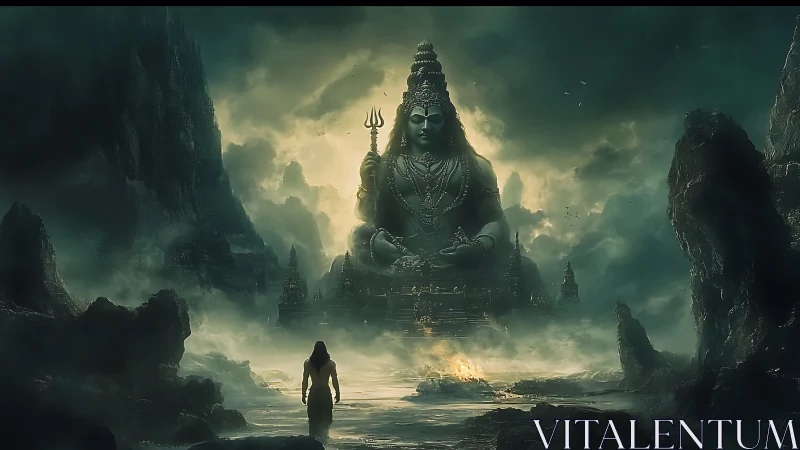 Colossal trident-bearing deity amid mist-laden basalt ravines.