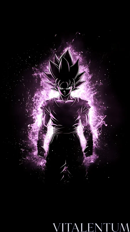 Silhouetted energy figure with violet aura on black field.