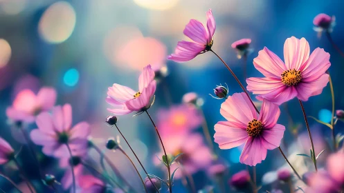 Delicate Pink Cosmos Flowers Dancing in Dreamy Blue Light