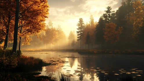 Misty forest landscape with water reflection at dawn.