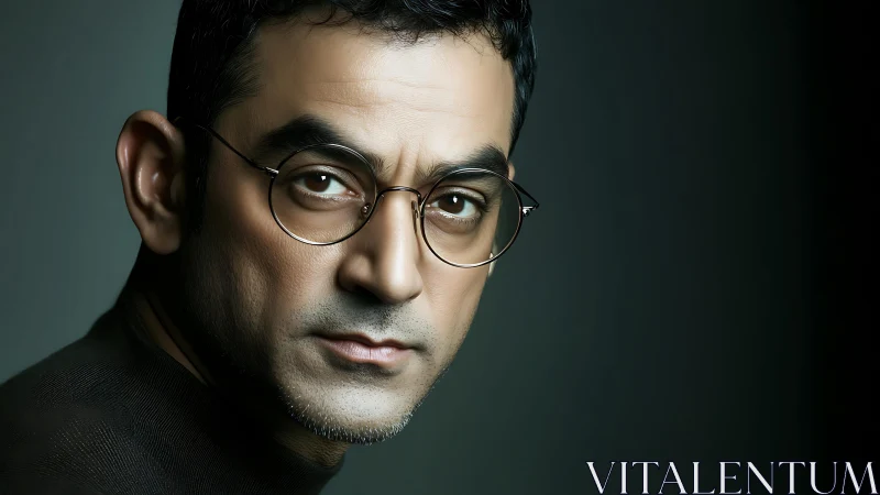 Intense portrait of man with round glasses in moody light.
