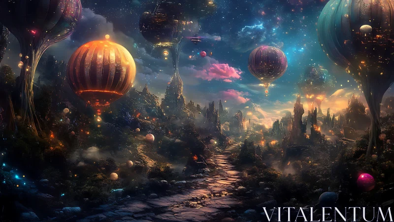 Starlit balloon cities drifting above a glowing dreamland.
