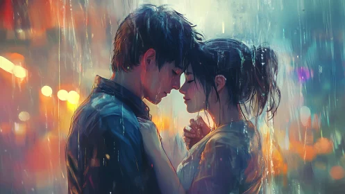 Two figures in close proximity against rain-lit urban background