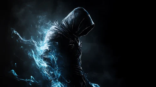 Hooded wraith cloaked in electric blue spectral energy.