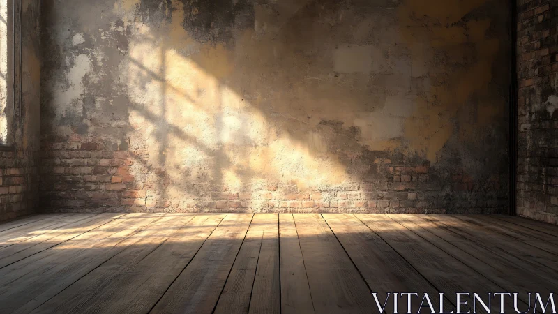 Sunlit empty industrial room with worn brick walls.