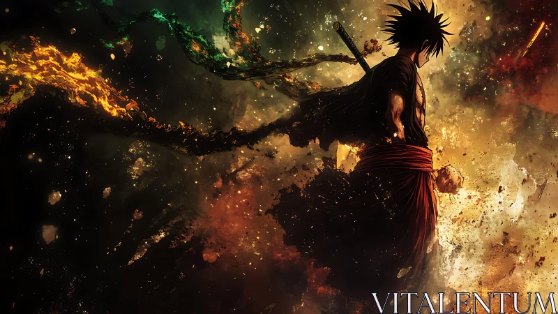 Volcanic samurai silhouette amid particulate energy vortex.