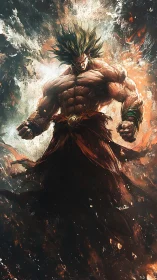 Hyper-muscular warrior in explosive energy vortex, dynamic lighting