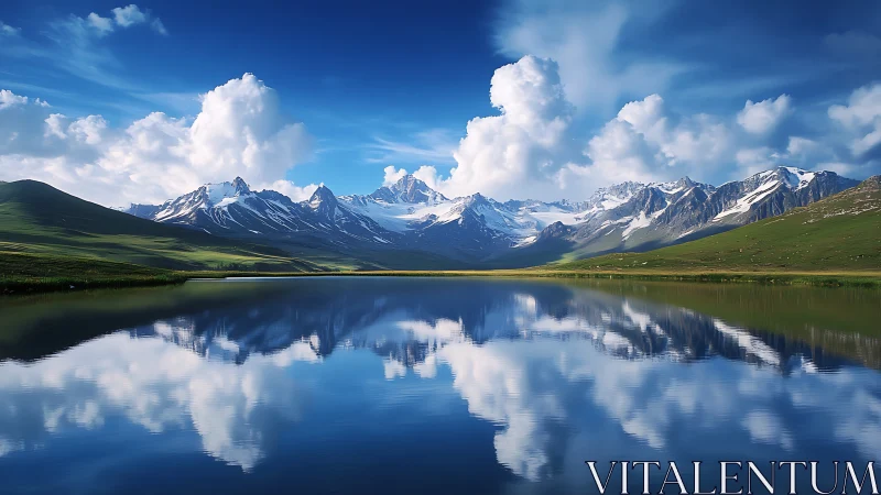 Peaceful mountain lake mirroring bright clouds and snowcapped peaks.