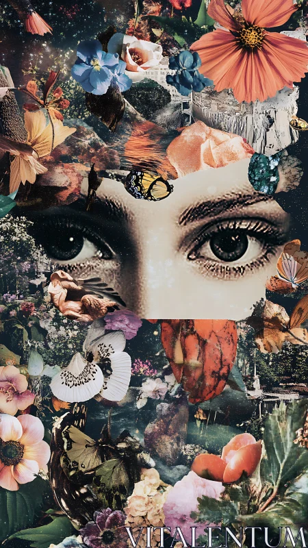 Botanical dreamkeeper eyes amid riotous cosmic florals.