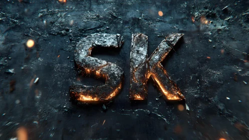 Cracked Stone SK Letters with Fiery Glow, Dramatic 3D Style.