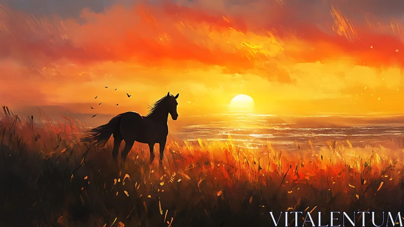 Silhouetted horse watches blazing coastal sunset over sea