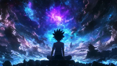 Silhouetted character sits under luminous cosmic sky panorama