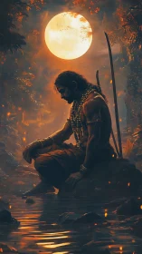 Warrior-monk in ember-lit jungle beside moonlit forest pool